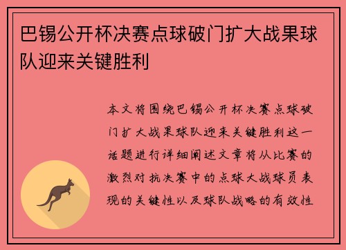 巴锡公开杯决赛点球破门扩大战果球队迎来关键胜利 巴锡公开杯决赛点球破门扩大战果球队迎来关键胜利