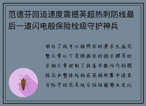 范德芬回追速度震撼英超热刺防线最后一道闪电般保险栓级守护神兵 范德芬回追速度震撼英超热刺防线最后一道闪电般保险栓级守护神兵
